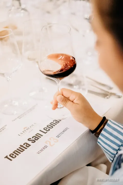 Calice di vino rosso durante la degustazione